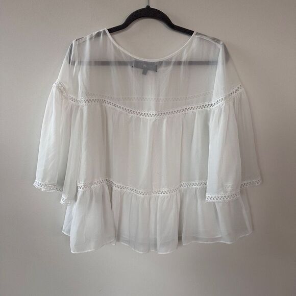 White Flowy Tiered Sheer Layered Bohemian Top M - Picture 11 of 11